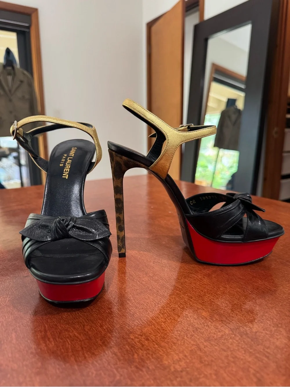 Saint Laurent Bowfront Platform Leopard Embossed Stiletto Heel Sandals - Picture 4 of 11